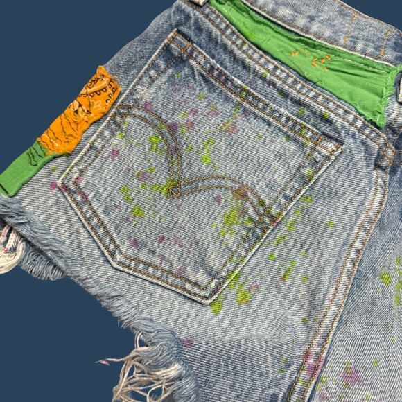 OOAK Levi Patchwork Shorts Res Ipsa Boho Cut Off Denim Shorts Size 26” #134 - Picture 5 of 9